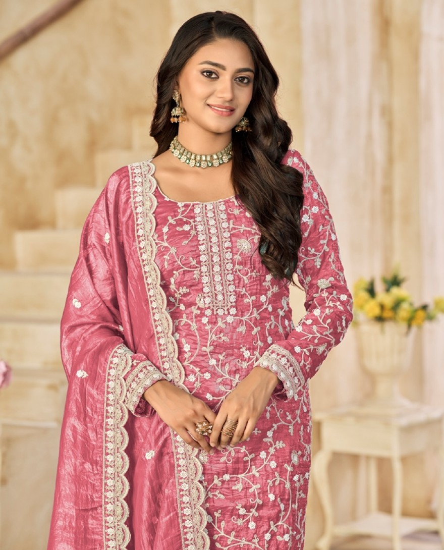 227-pink - Crush Straight Suit with Embroidered Work in Salmon